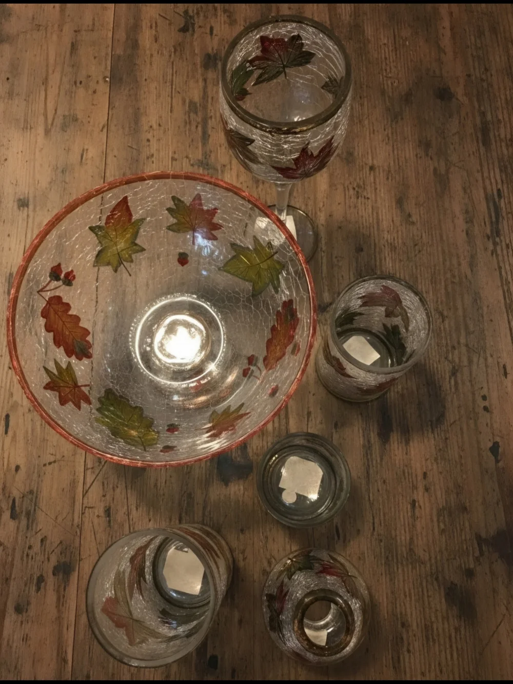 Vintage 6 PieceYankee Candle Clear Crackle Glass Jar with Fall Accents.